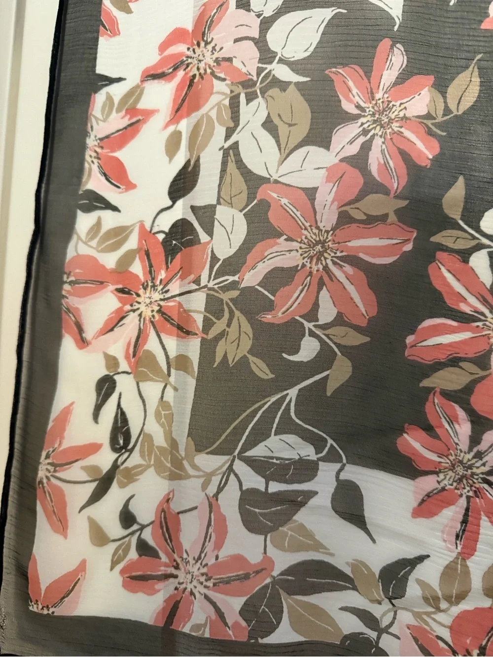 J Jill Floral Sheer Silk Scarf - Black with Pink Flower Print